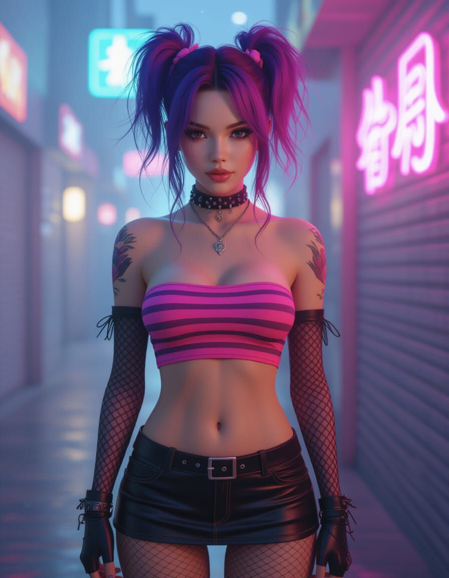 Hispanic Emo Woman with Violet Hair in Neon Glow