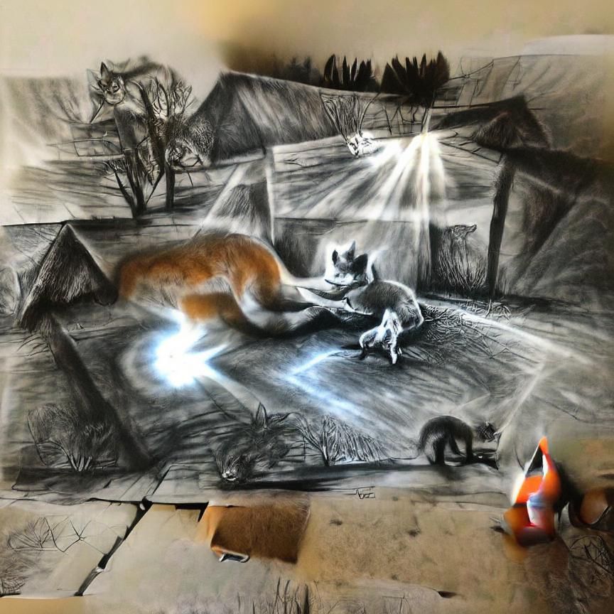 Fox and Cat Play in Sunlight: Charcoal Drawing