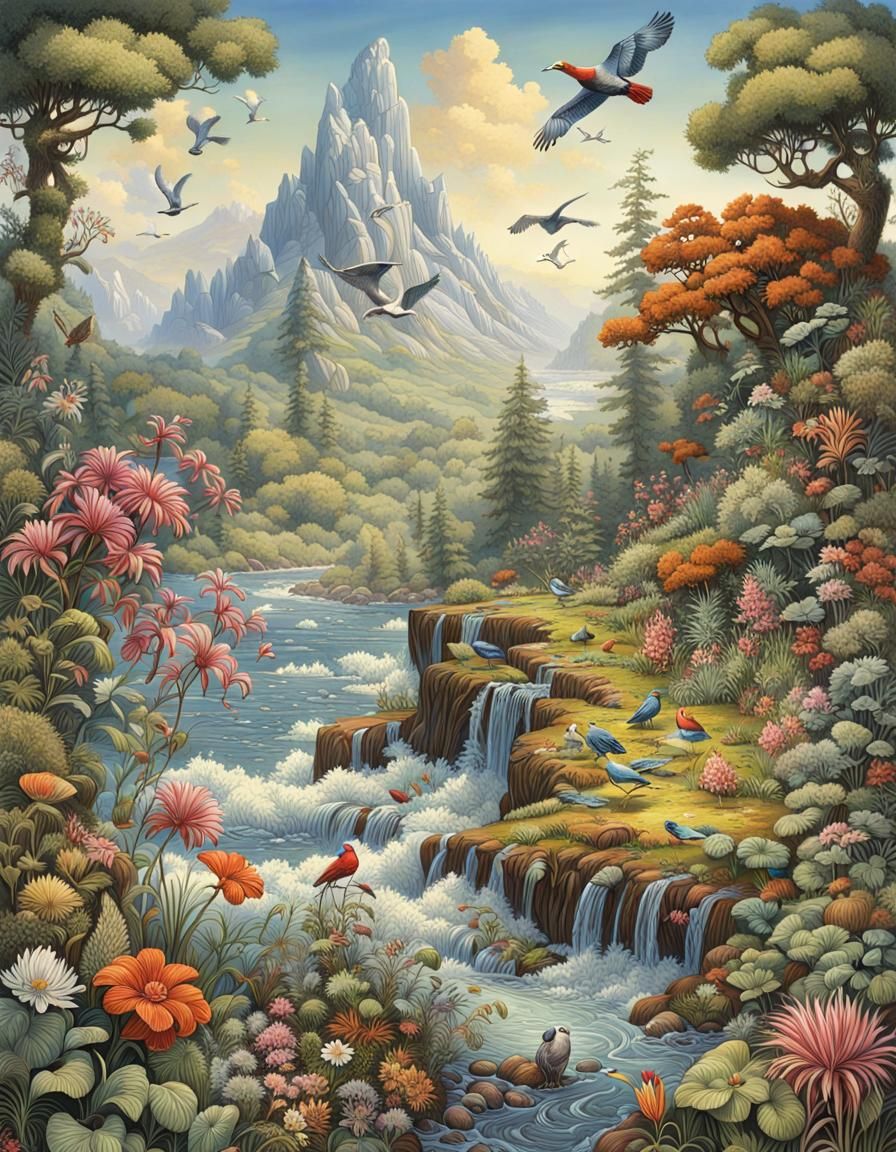 Lush Forest Scene with River and Exotic Plants
