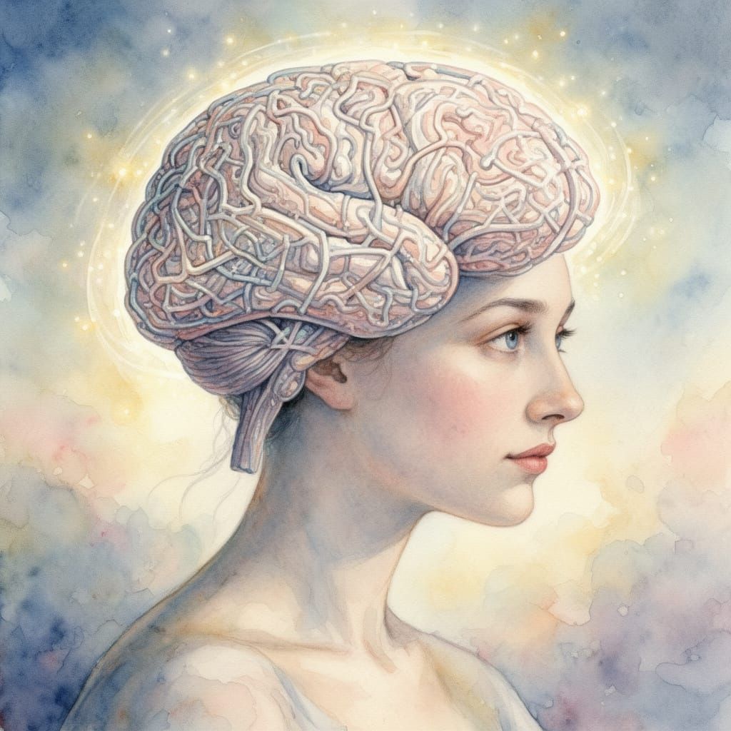 Surreal Watercolor of Woman With Glowing Brain on Shoulders