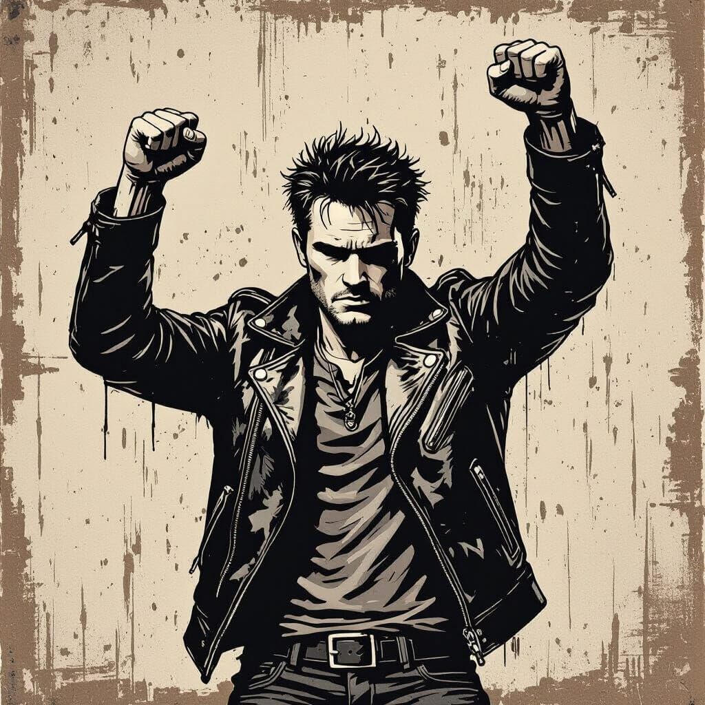 Rebellious Figure in Gritty Woodcut Style