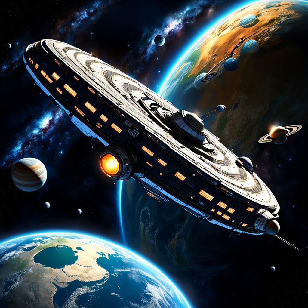 Galactic Spaceship Explores Distant Alien Worlds