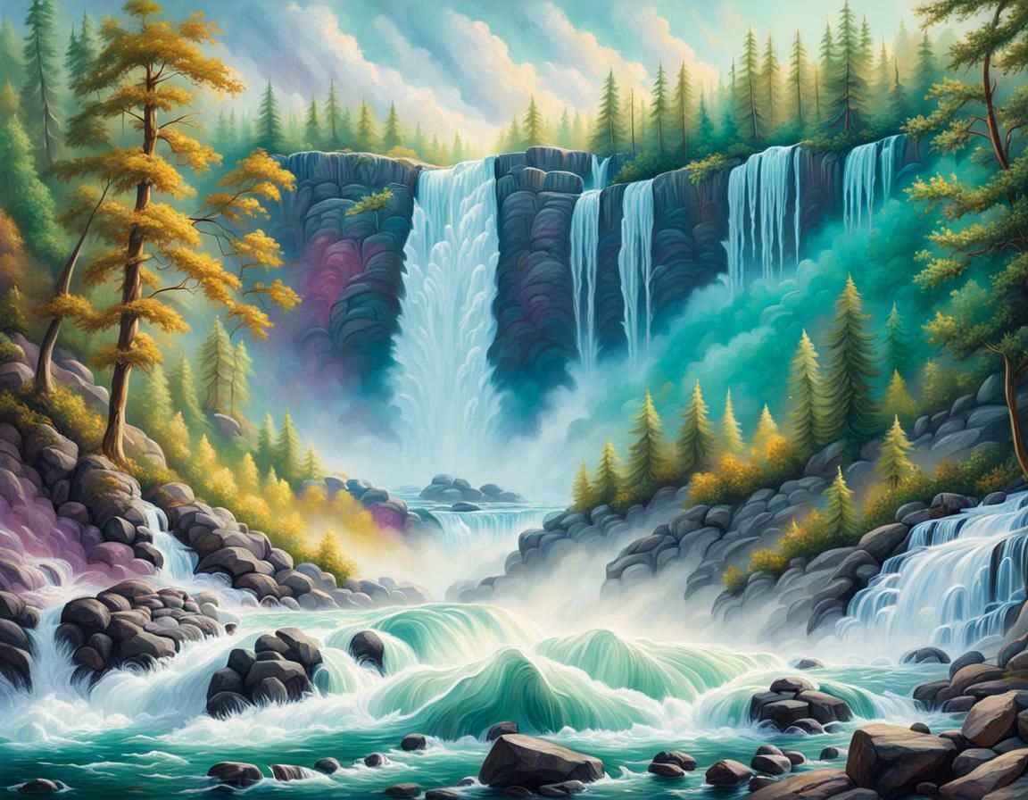 Roaring Waterfall in Hyperrealistic Splash Art Style