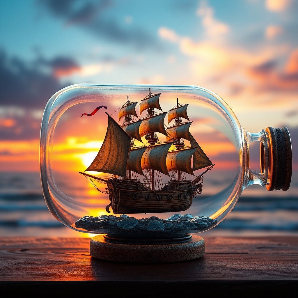 Pirate Ship in a Bottle Against Sunset Sky