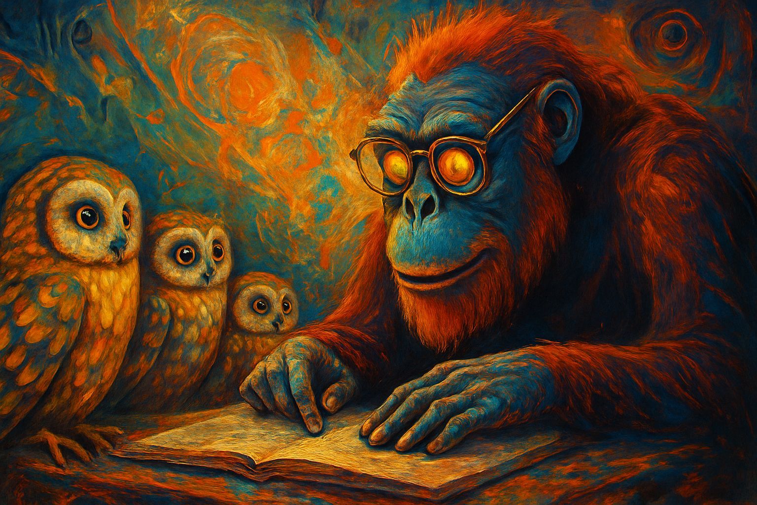 Orangutan Professor Teaching Owls: Surreal Mixed Media Art