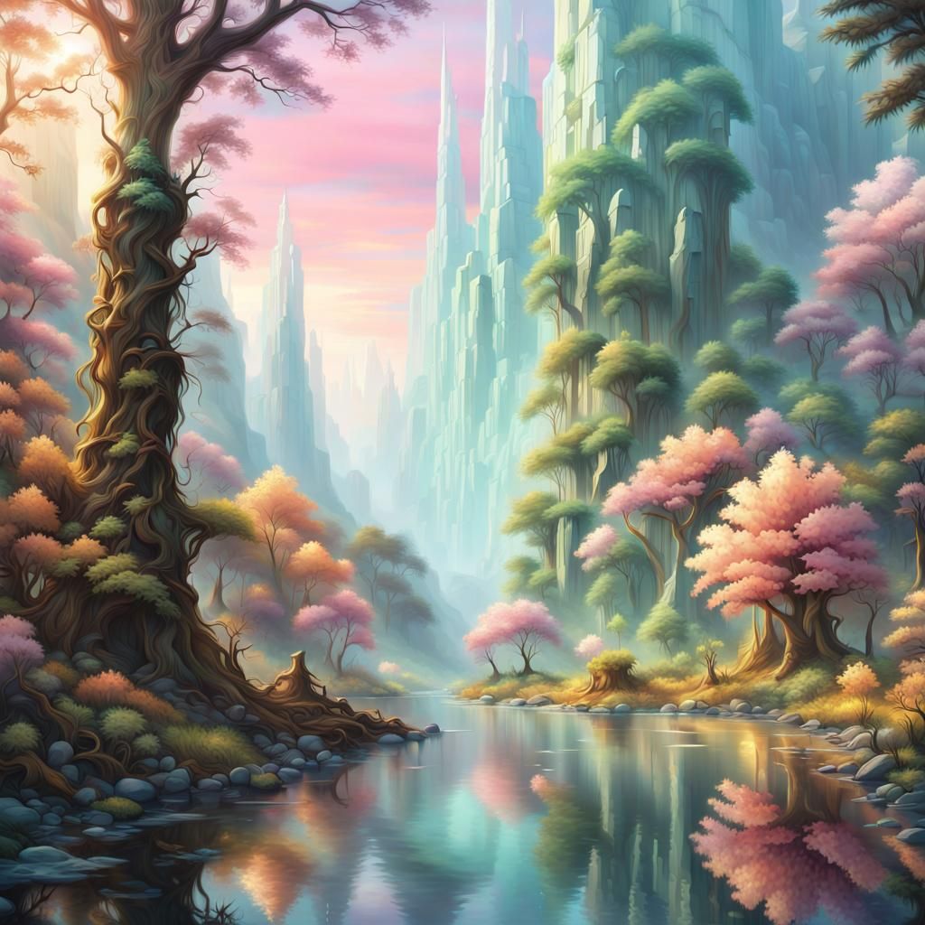 Pastel Feywild Forest with Glistening Water
