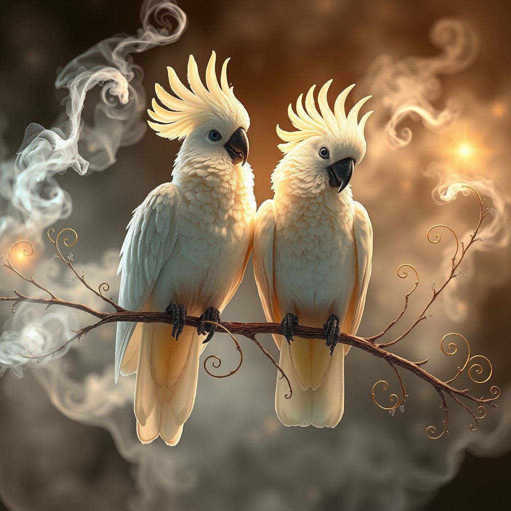 Cockatoos in Mystical Mist: Kinkade-esque Fantasy