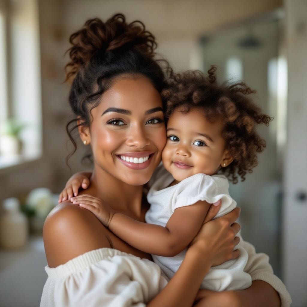 Ethnic Mother Holds Baby in Airy Bathroom