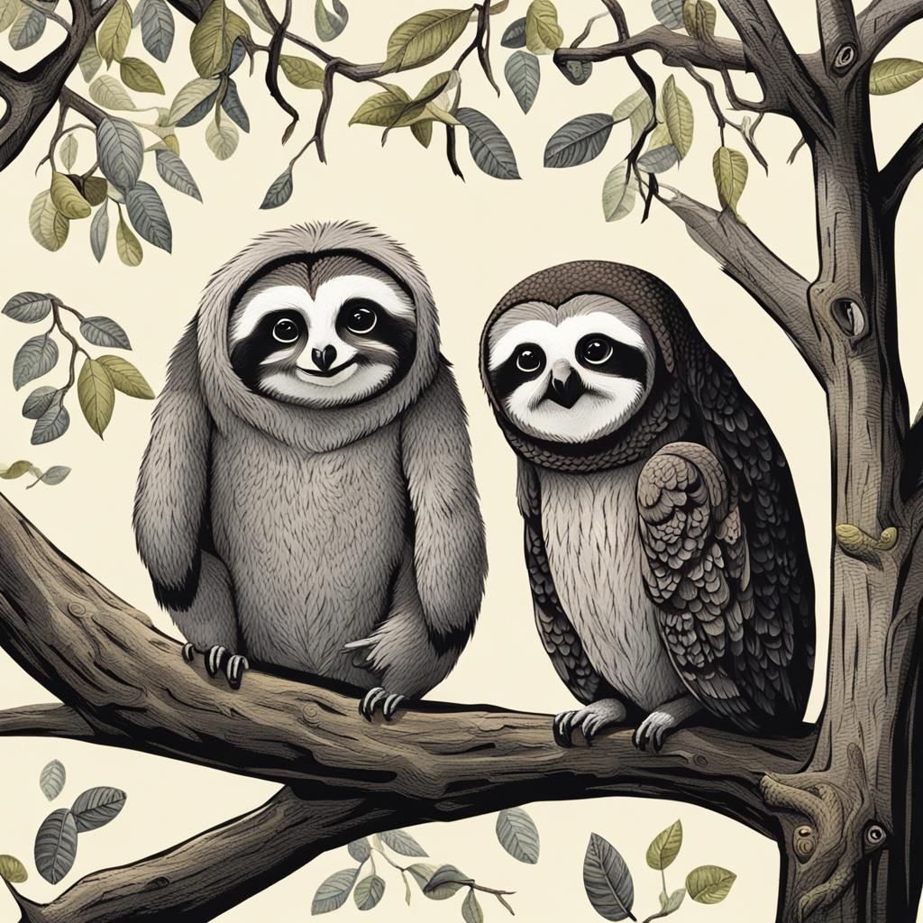 Sloth and Owl Staring in a Tree