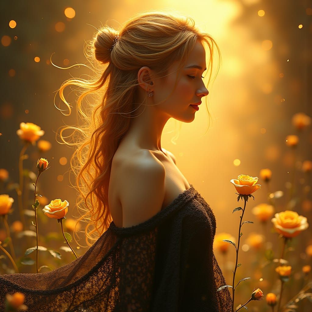 Ethereal Girl in Gold Dress, Digital Matte Painting