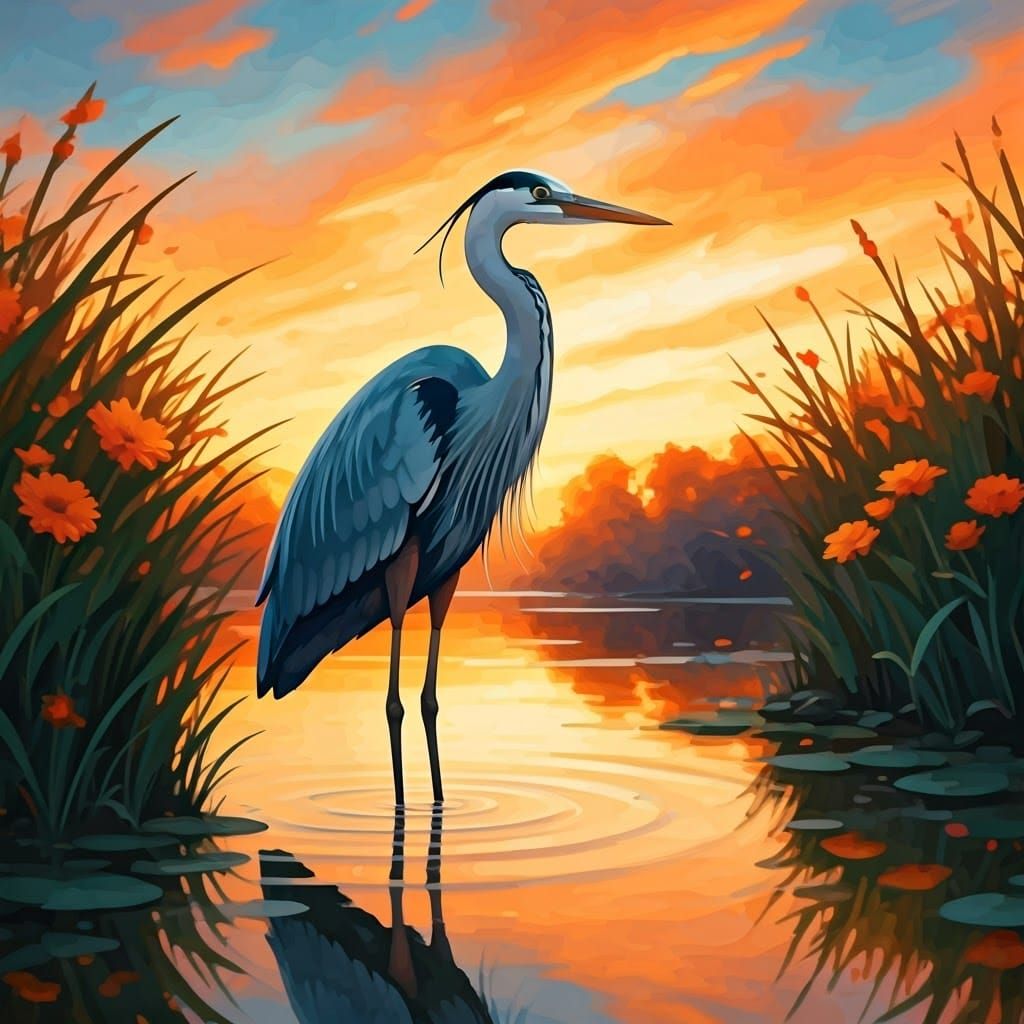 Elegant Heron in Sunset Glow, Watercolor Style