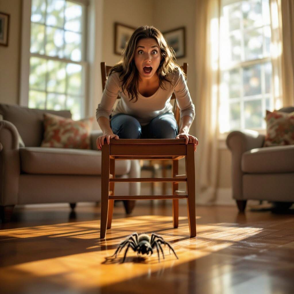 Woman Terrified of Spider in Sunlit Room