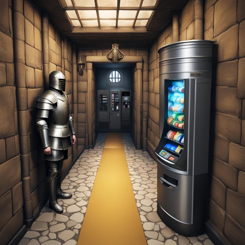 Vending Machine in Medieval Castle Corridor