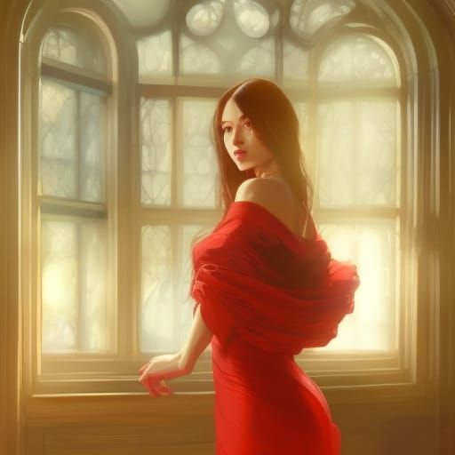 Lady in Red Dress: Detailed Digital Portrait