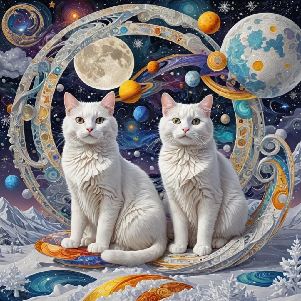 Whimsical White Cats Among Celestial Bodies