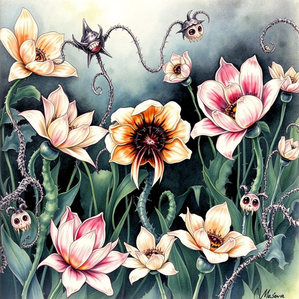 Sinister Garden with Flowers and Teeth Watercolor