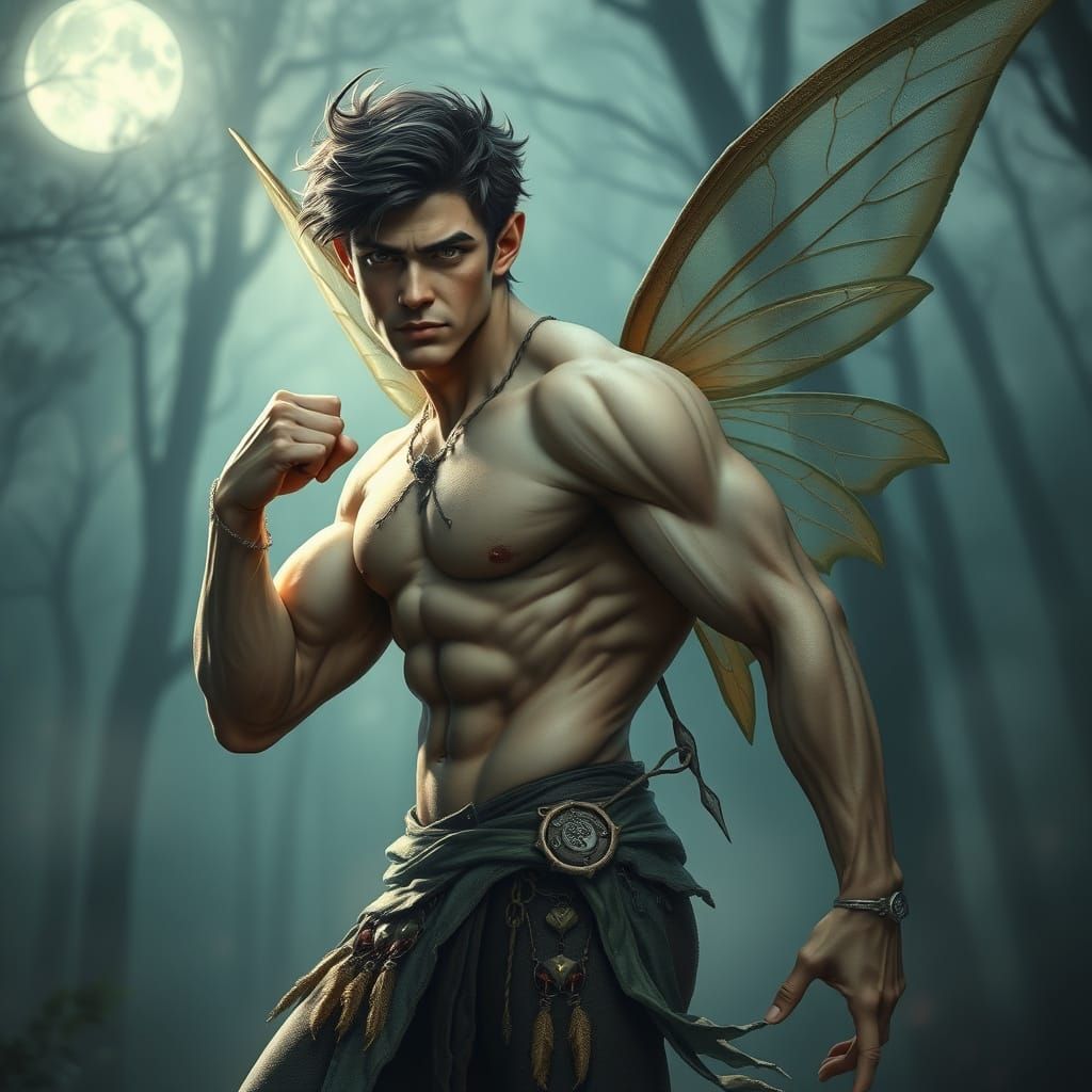 Heroic Male Fairy Poses in Moonlit Forest