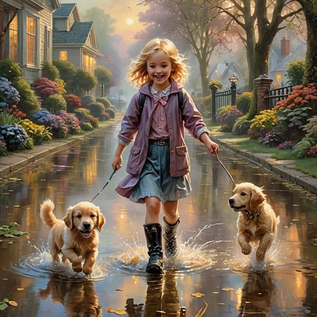 Golden Retriever Puppy and Girl Splashing in Puddles