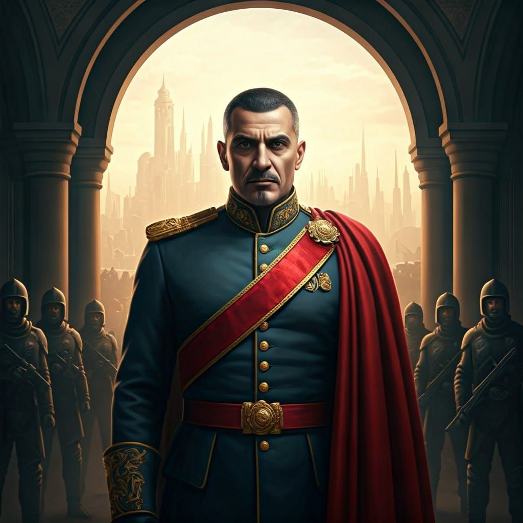 middle-aged sci-fi Arab dictator short hair, wearing a nobleman's jacket and red cape   in a sci-fi palace with a sci-fi...