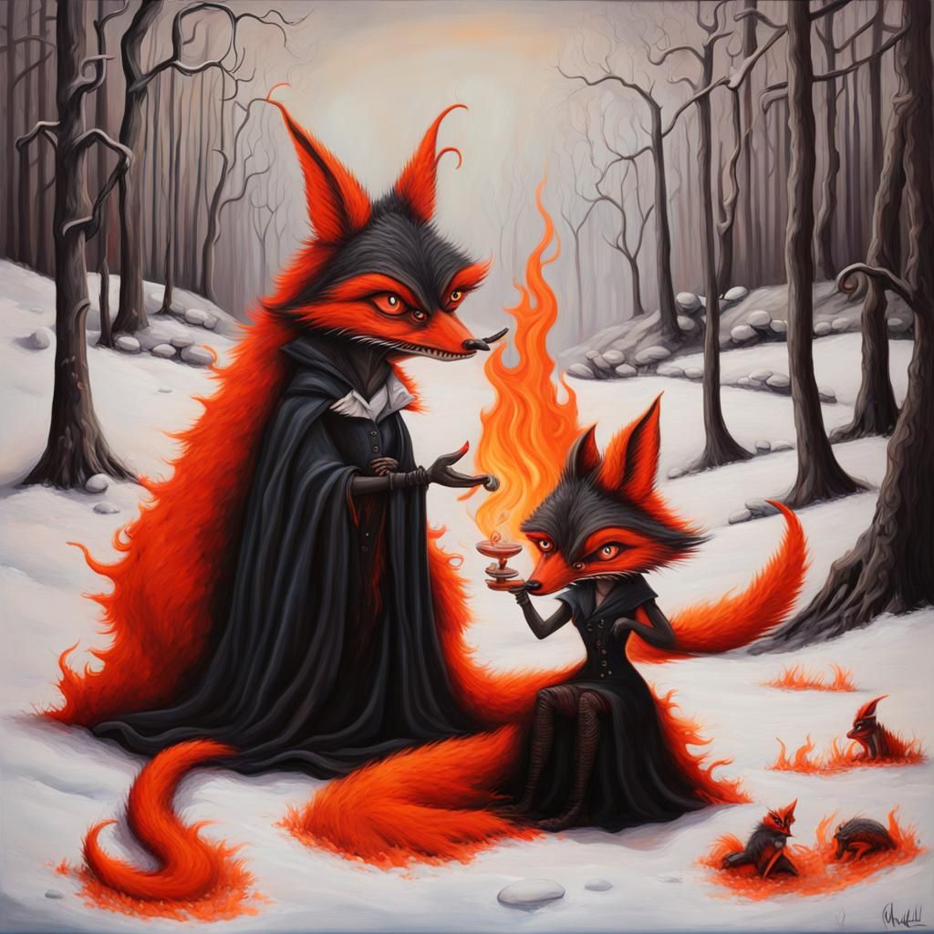 Goth Steampunk Gremlins in Snowy Forest, Surreal Oil Paintin...