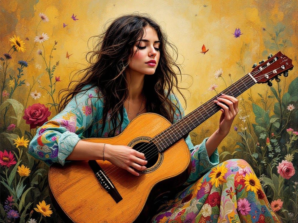 Free-Spirited Hippie Woman in Vibrant Bluegrass Scene