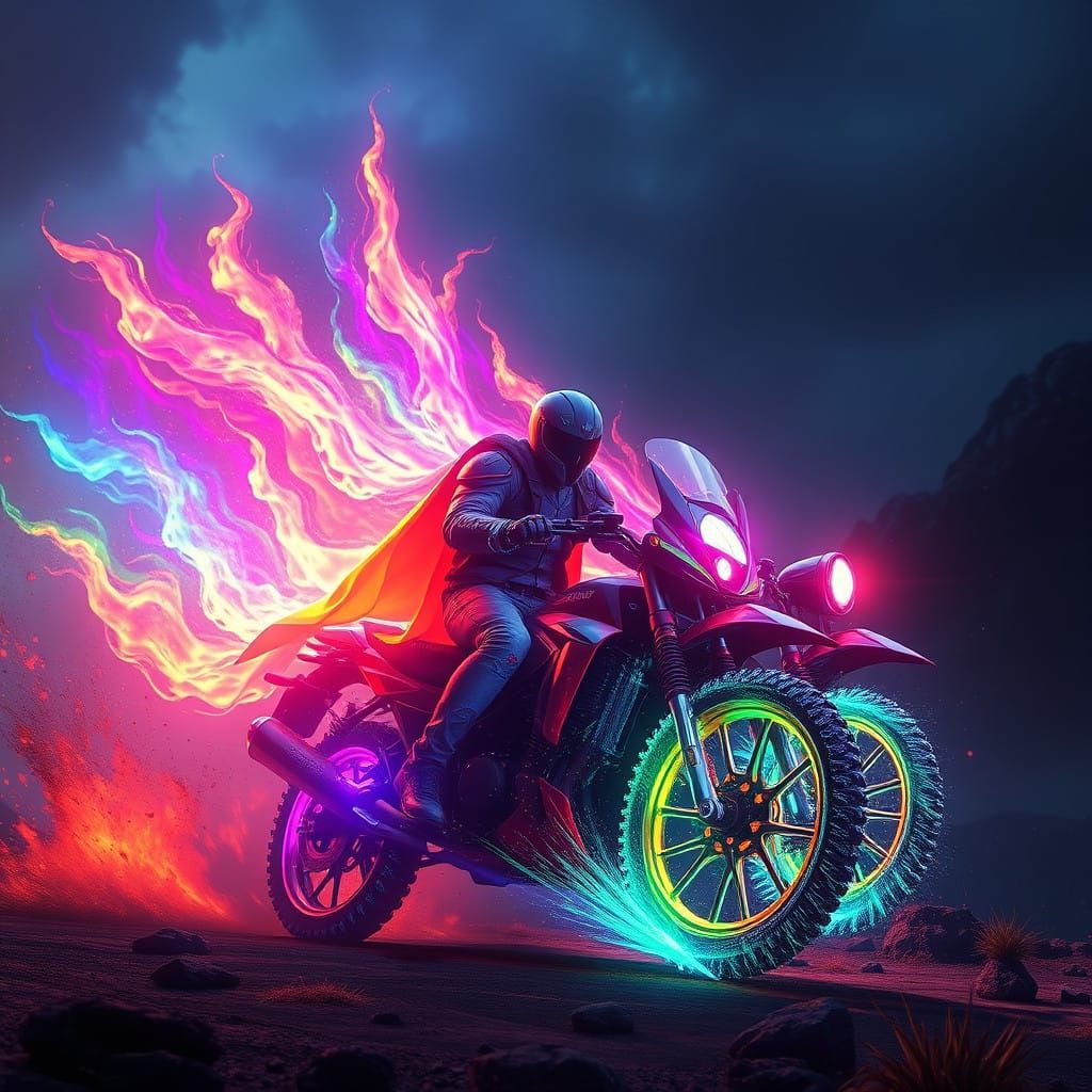 Surreal Riders on a Rainbow Path in a Fantastical Realm