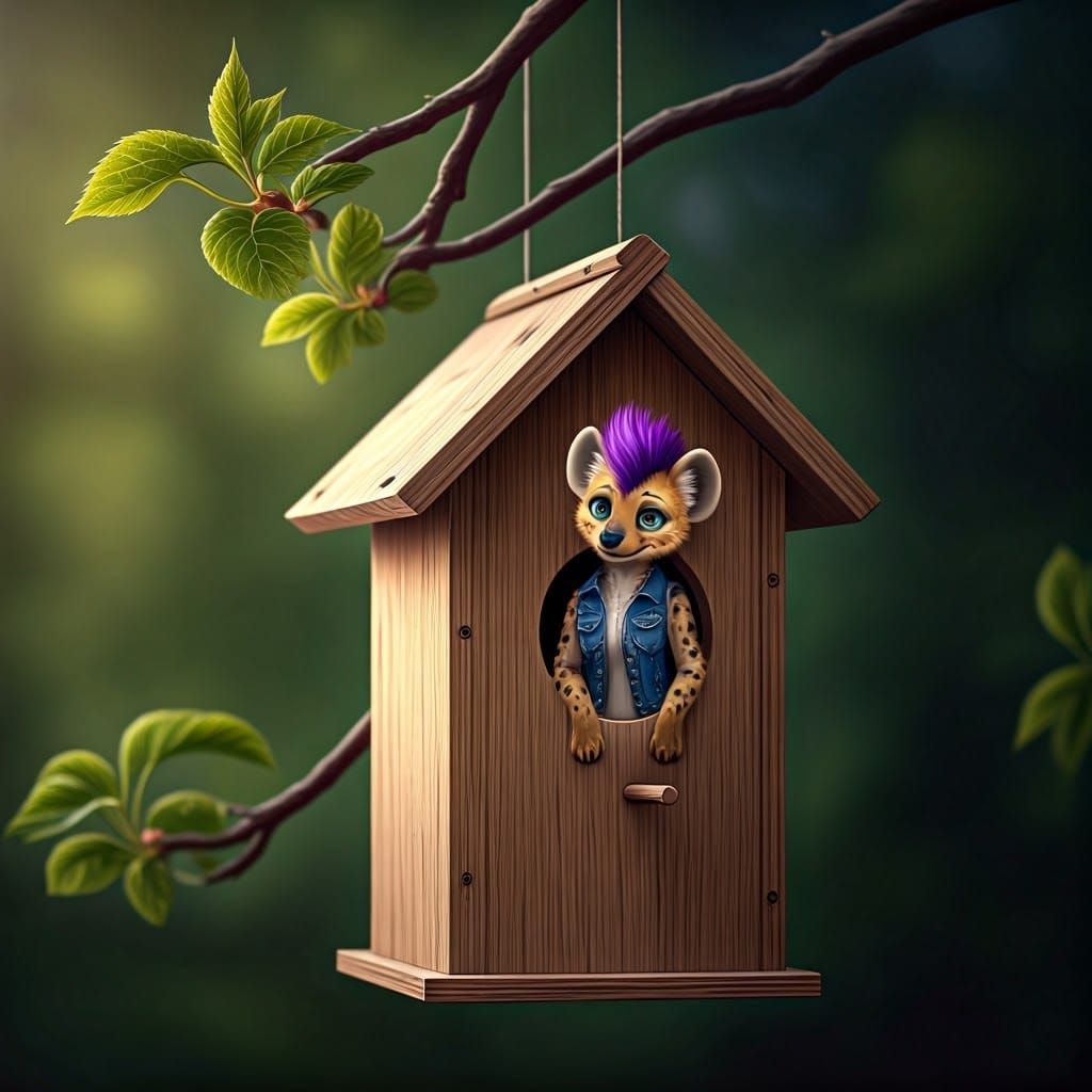 Hyena Character in Birdhouse, Animated Style