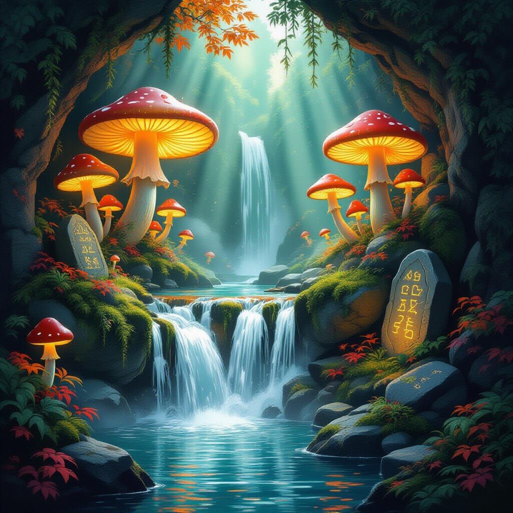 Mystical Grotto Waterfall with Glowing Mushrooms and Rune St...