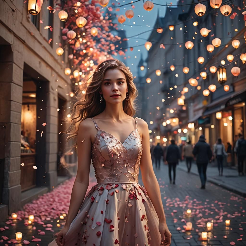 Elegant Woman in Cityscape with Rose Petals