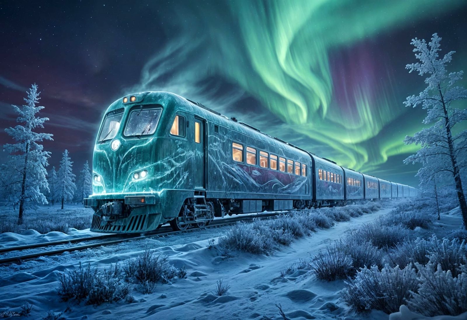 Ice Train Glides Through Snowy Landscape Under Northern Ligh...