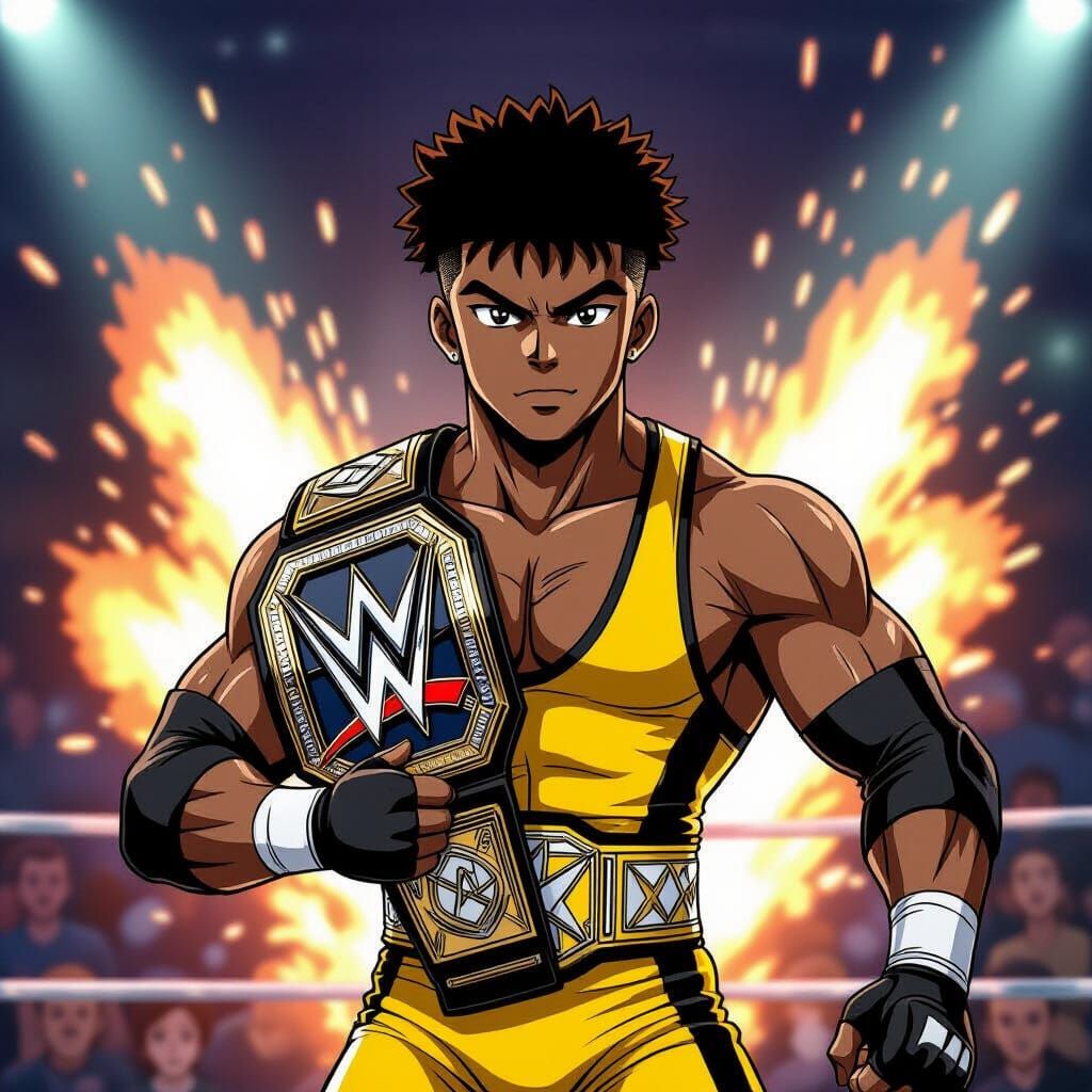 Anime Wrestler with Championship Belt in Pyro