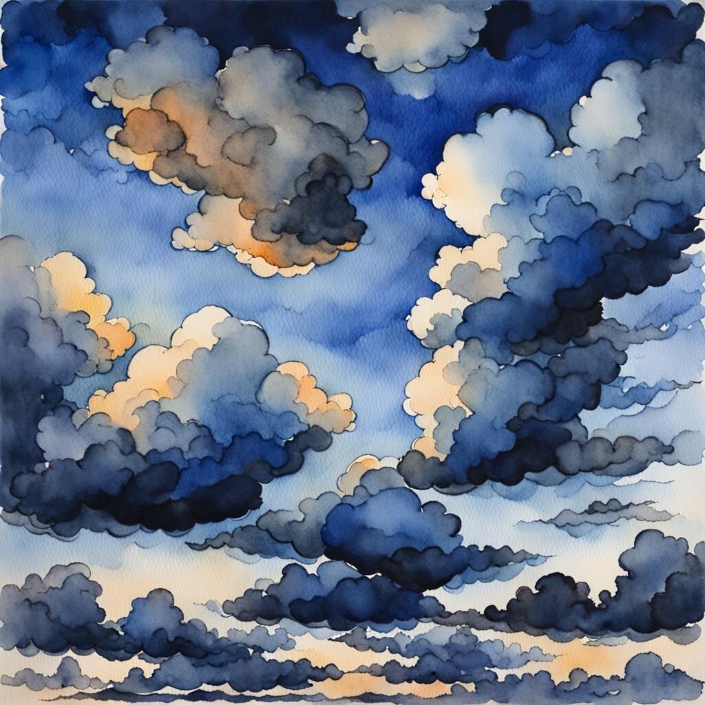 Watercolor Blue Clouds in Evening Sky
