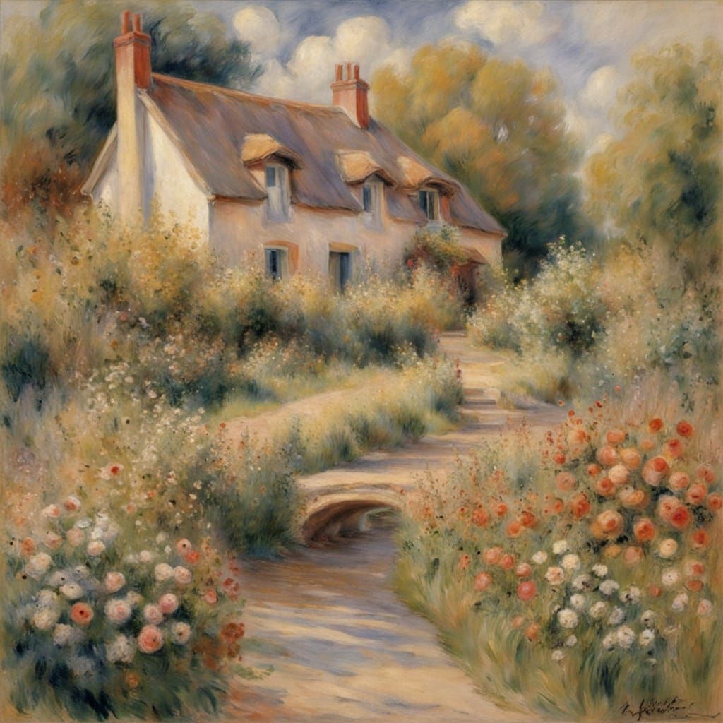 A quaint cottage nestled in a vibrant wildflower meadow, wit...