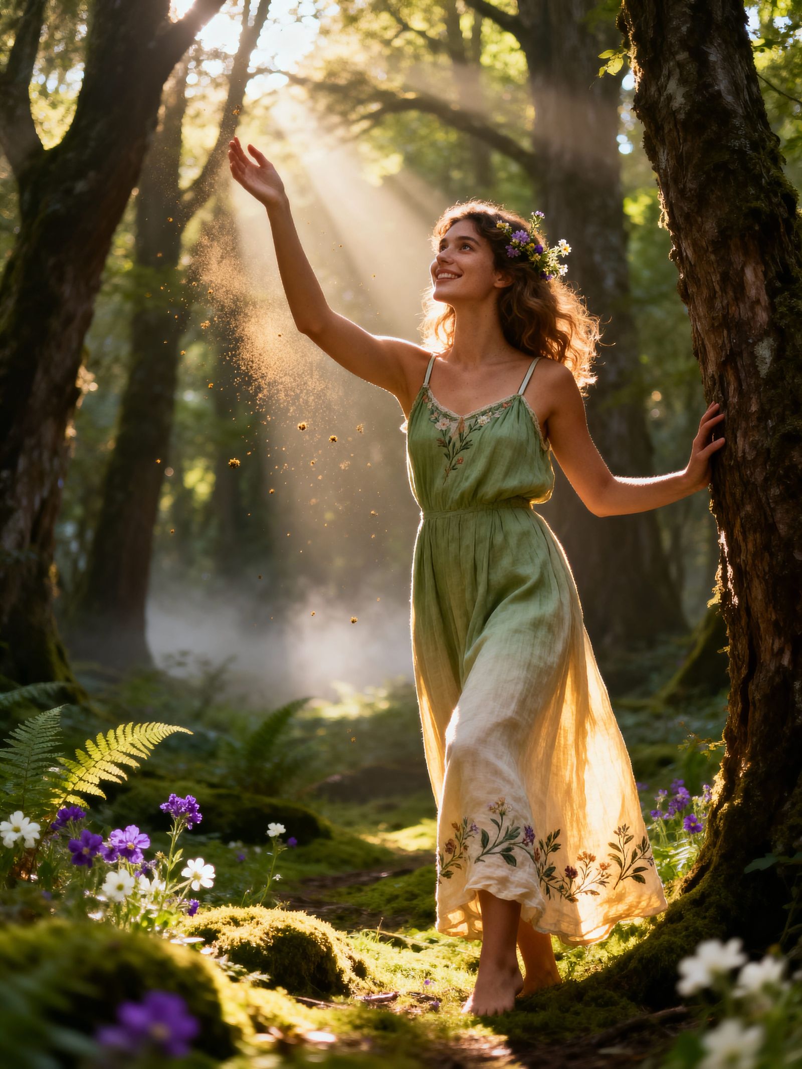 Serene Woman in Enchanted Forest During Golden Hour