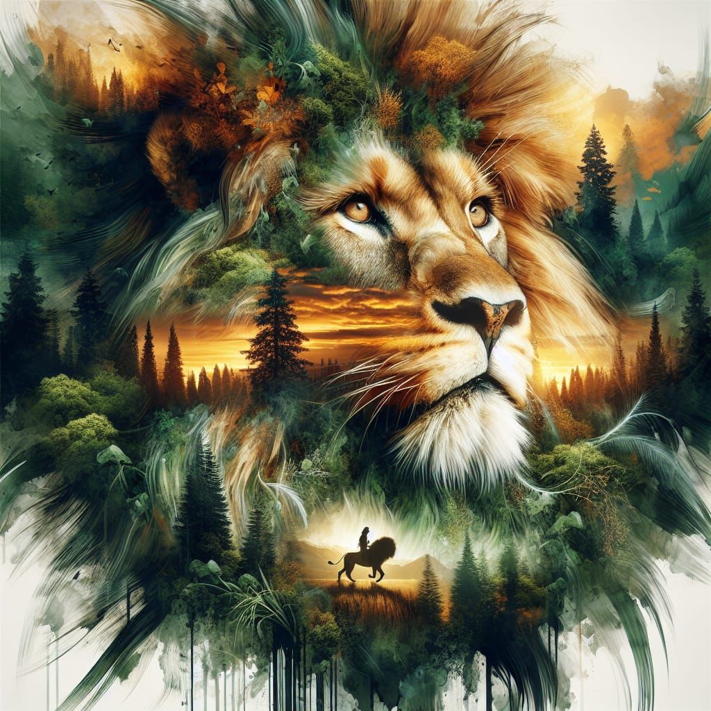 Roaring Lion Emerges from Fantasy Forest
