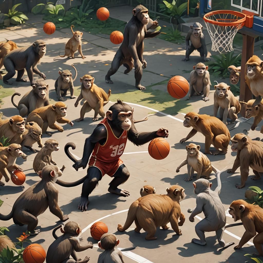 A monkey playing basketball with other animals.