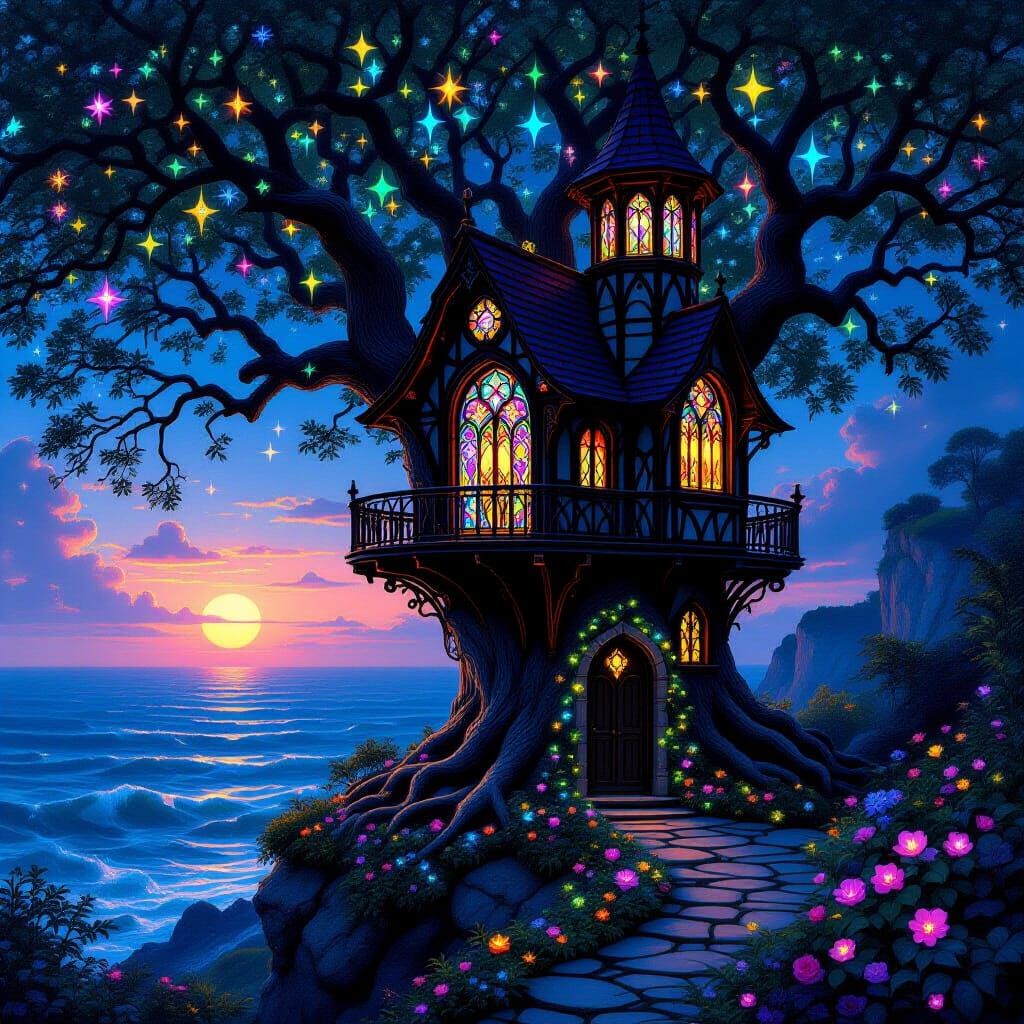 Gothic Treehouse with Bioluminescent Garden, Pre-Raphaelite ...