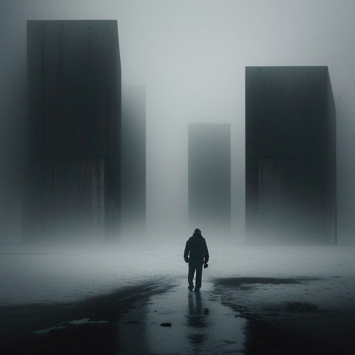 Man Walks Through Foggy Brutalist Landscape