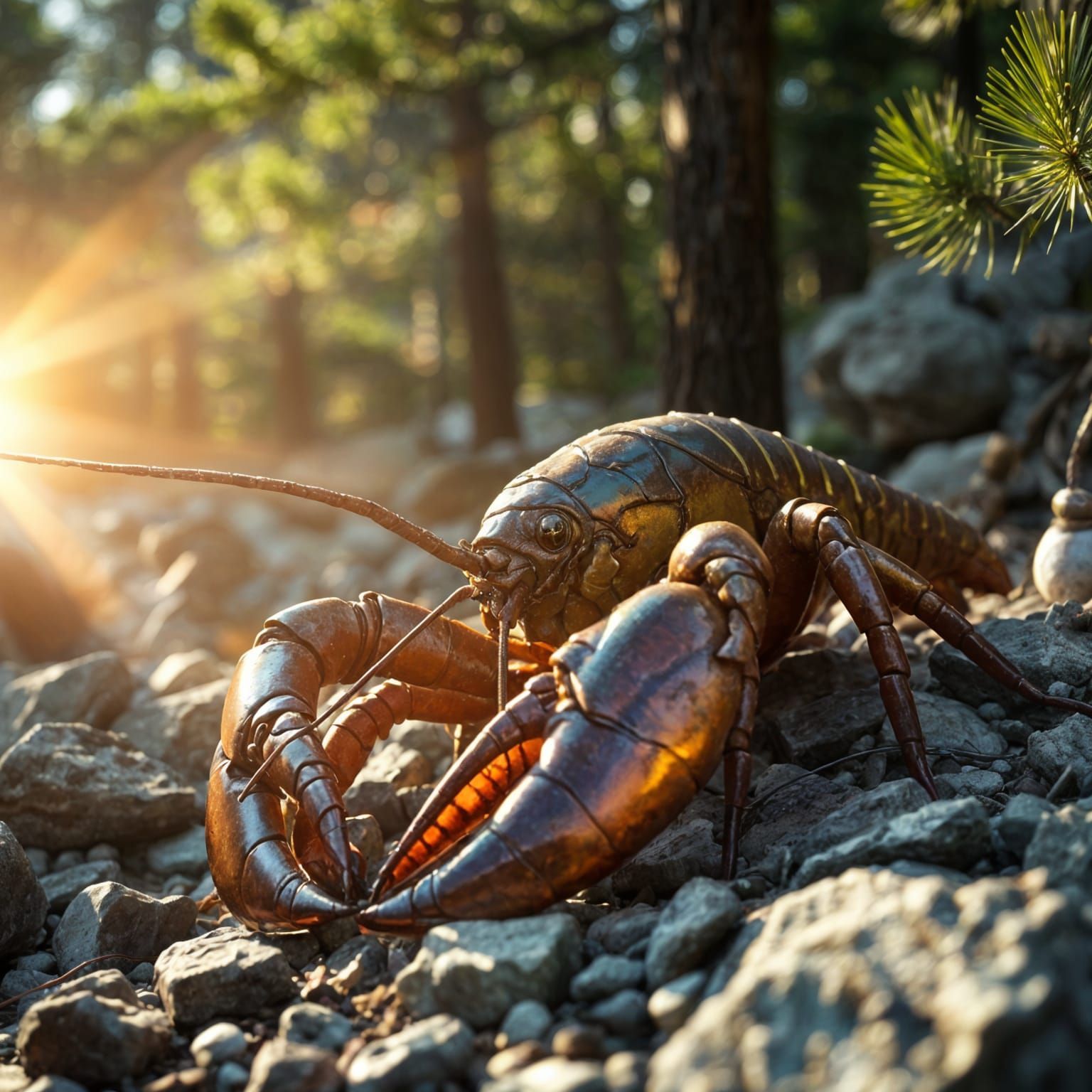 Giant Iridescent Lobster Emerges in Majestic Pine Forest