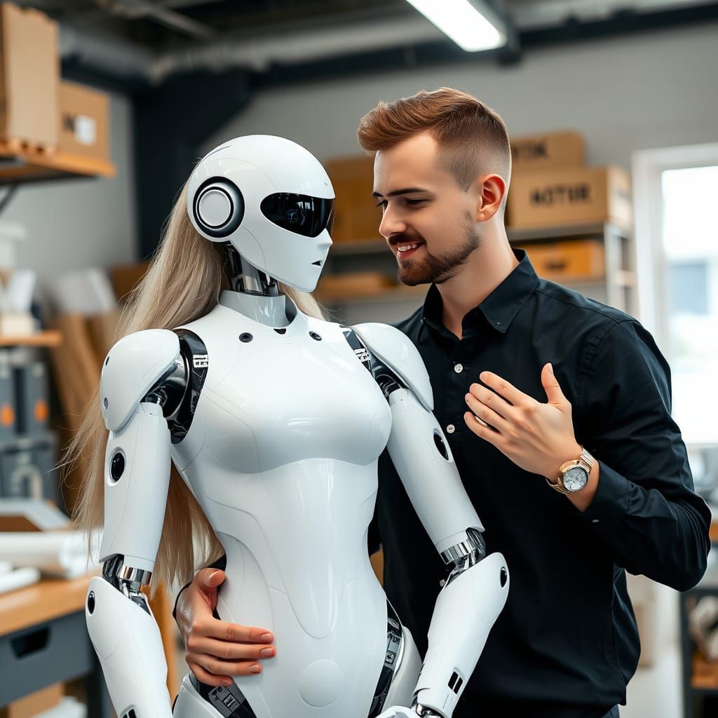 Attractive Man and Android Woman in Intimate Moment, Cyberpu...