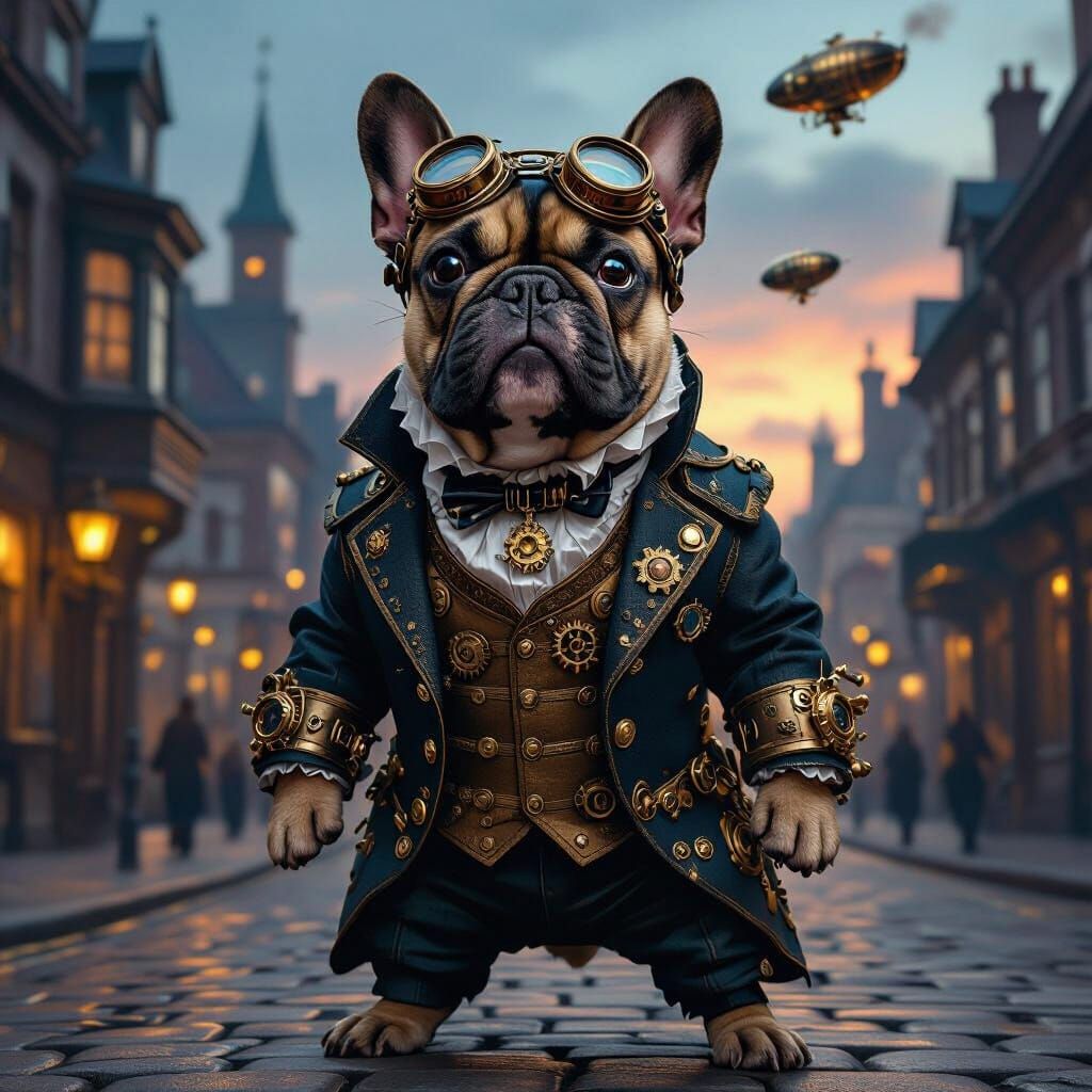 Steampunk Bulldog in Edwardian Attire on Cobblestone Street