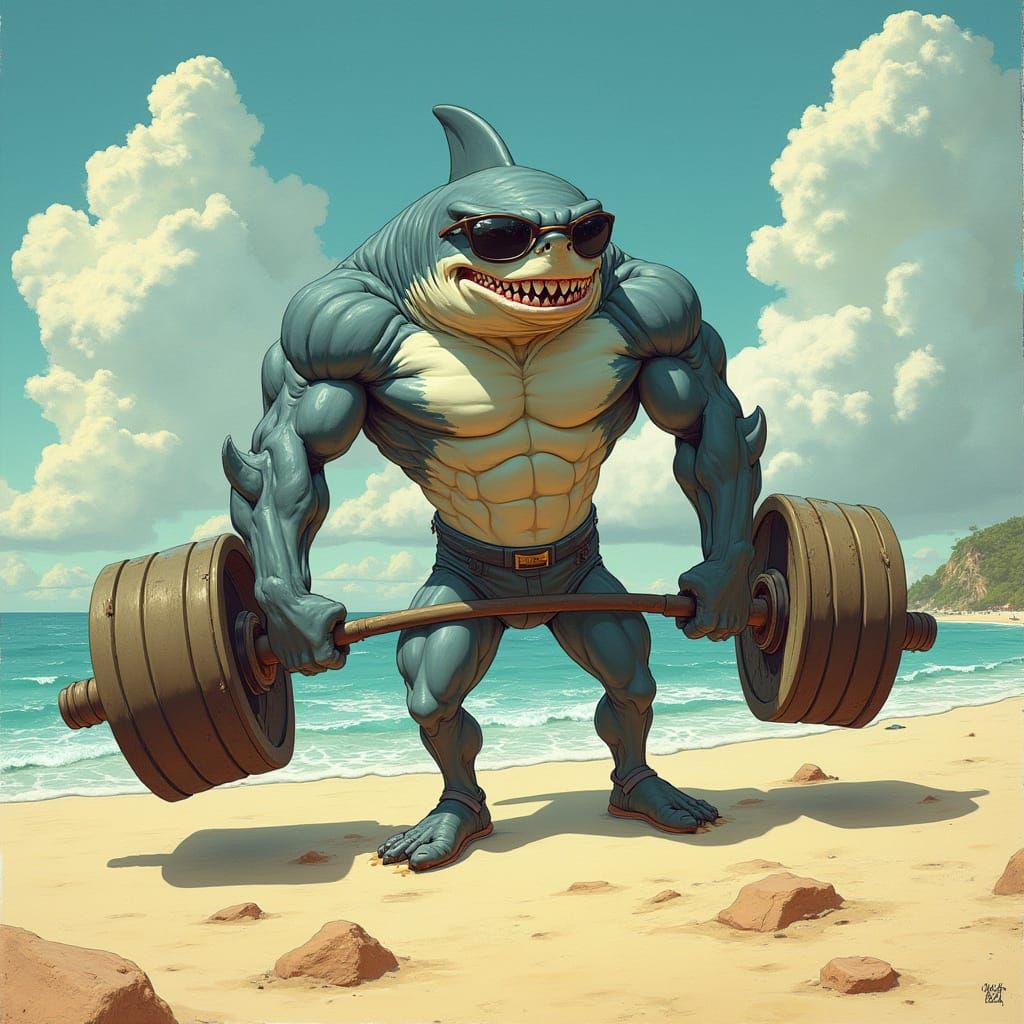 Surreal Strength: Shark in Dynamic Weightlifting Pose