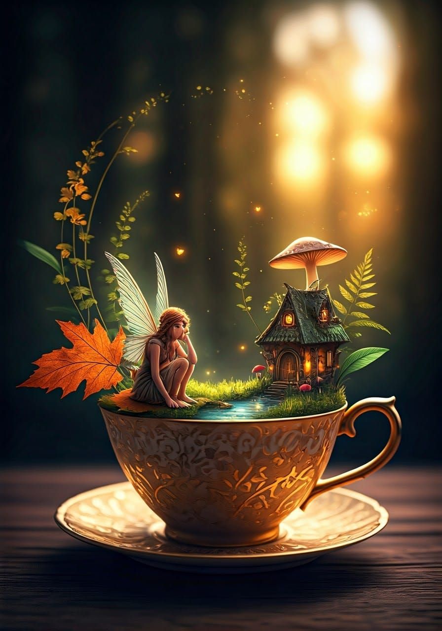 Miniature Autumn Fairy World in Golden Teacup