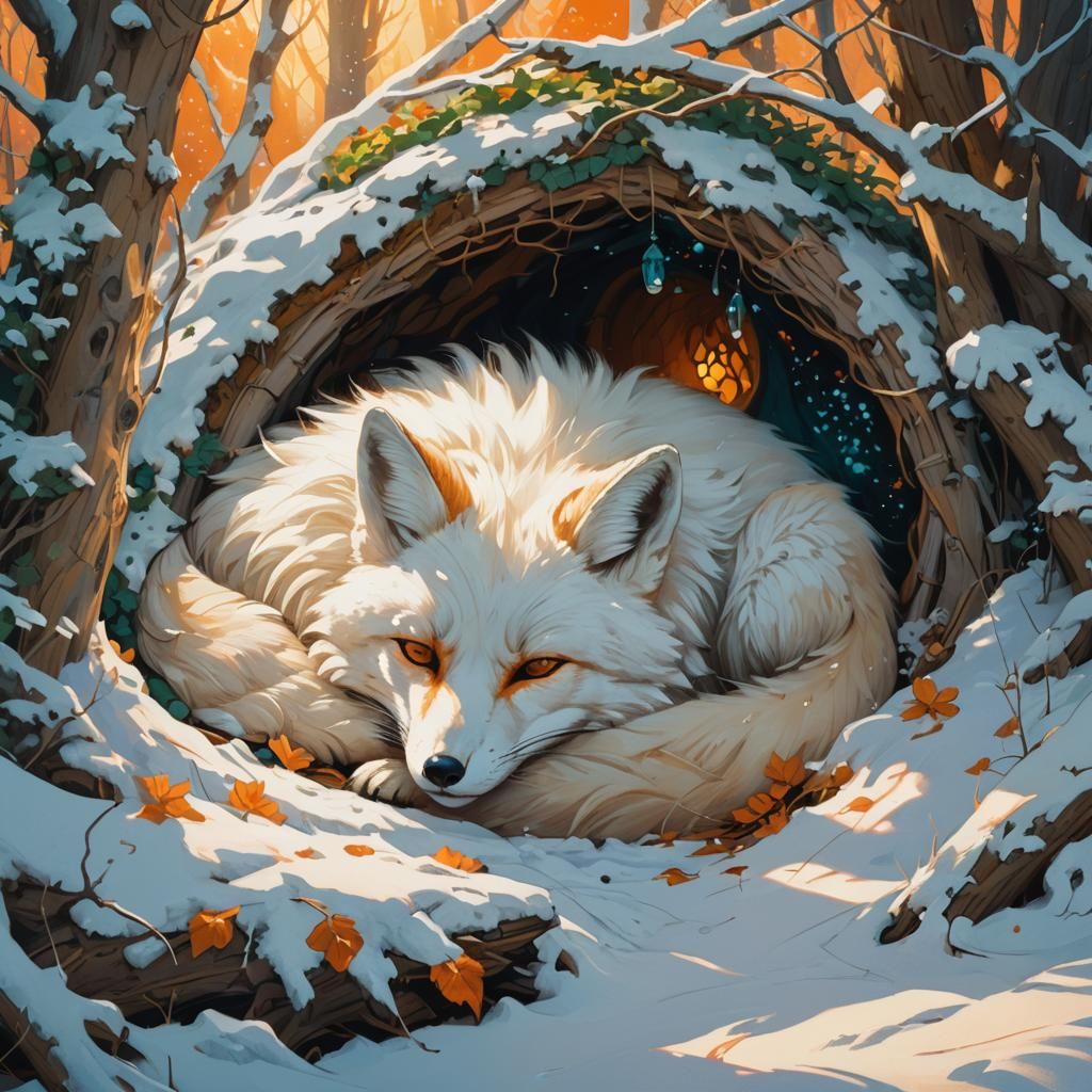 White Fox Sleeping in Forest Den: Fantasy Concept Art