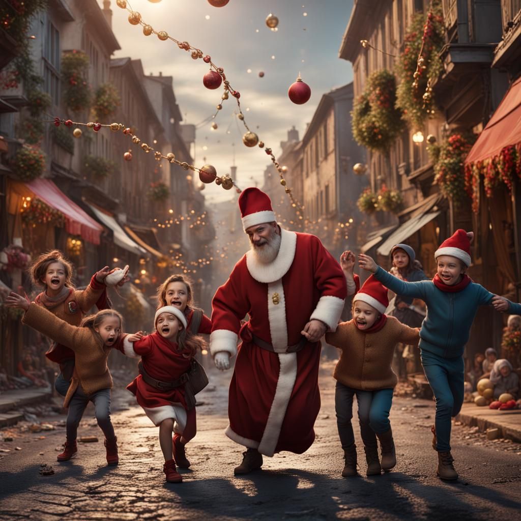 Santa Claus Acrobatics: Detailed Matte Painting in Street