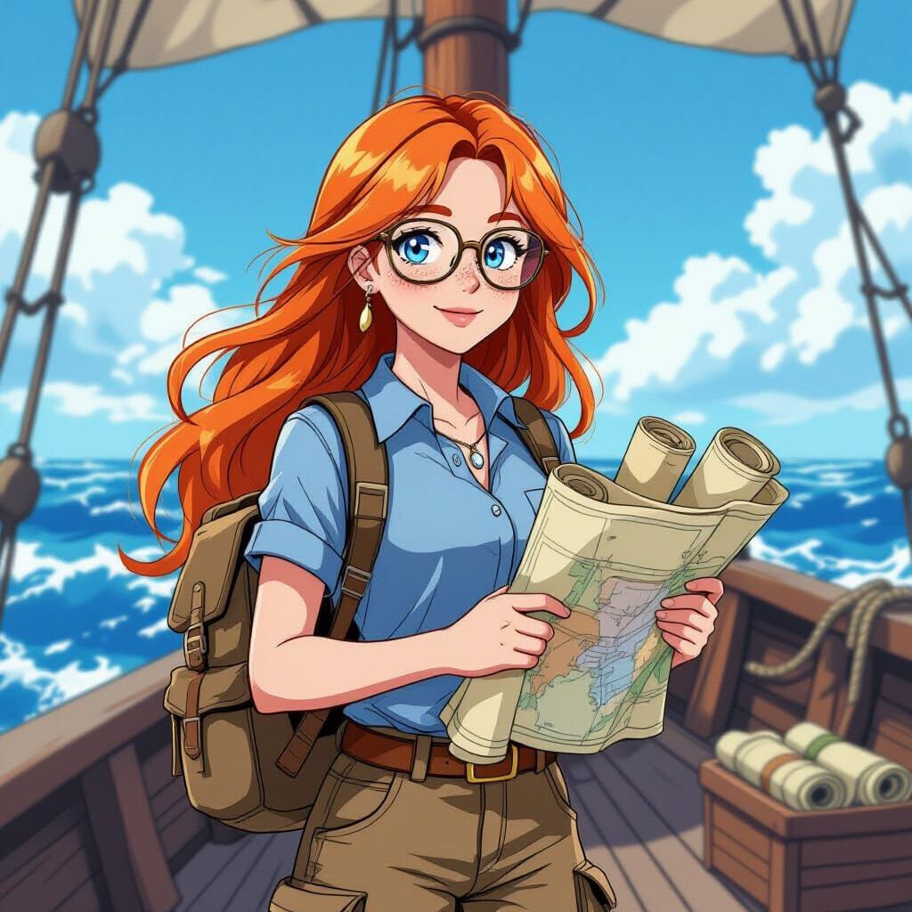 Nerdy Archeologist Girl in Cel-Shaded Manga Style