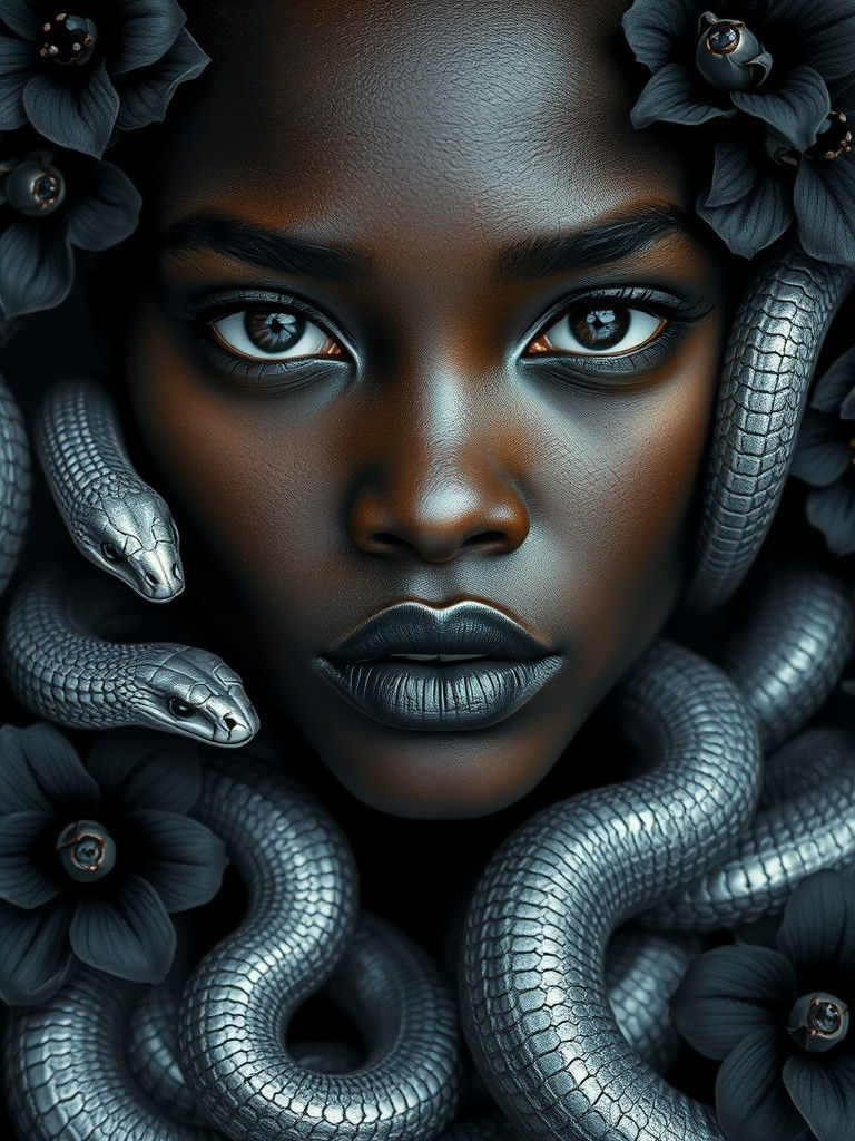 Black Woman with Silver Serpents: Fantasy Portrait