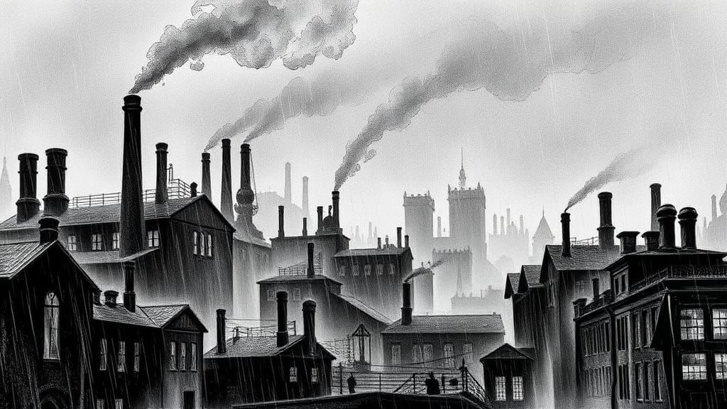 Industrial Cityscape Ink Illustration in the Rain