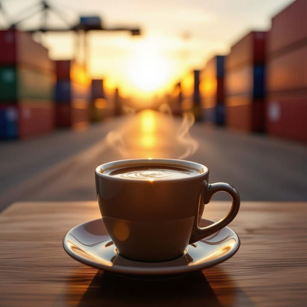 Coffee Cup at Table with Container Yard Background