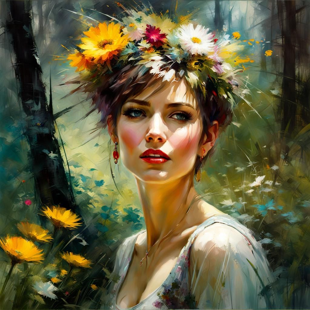 Beautiful Woman in Forest: Matte Oil Painting